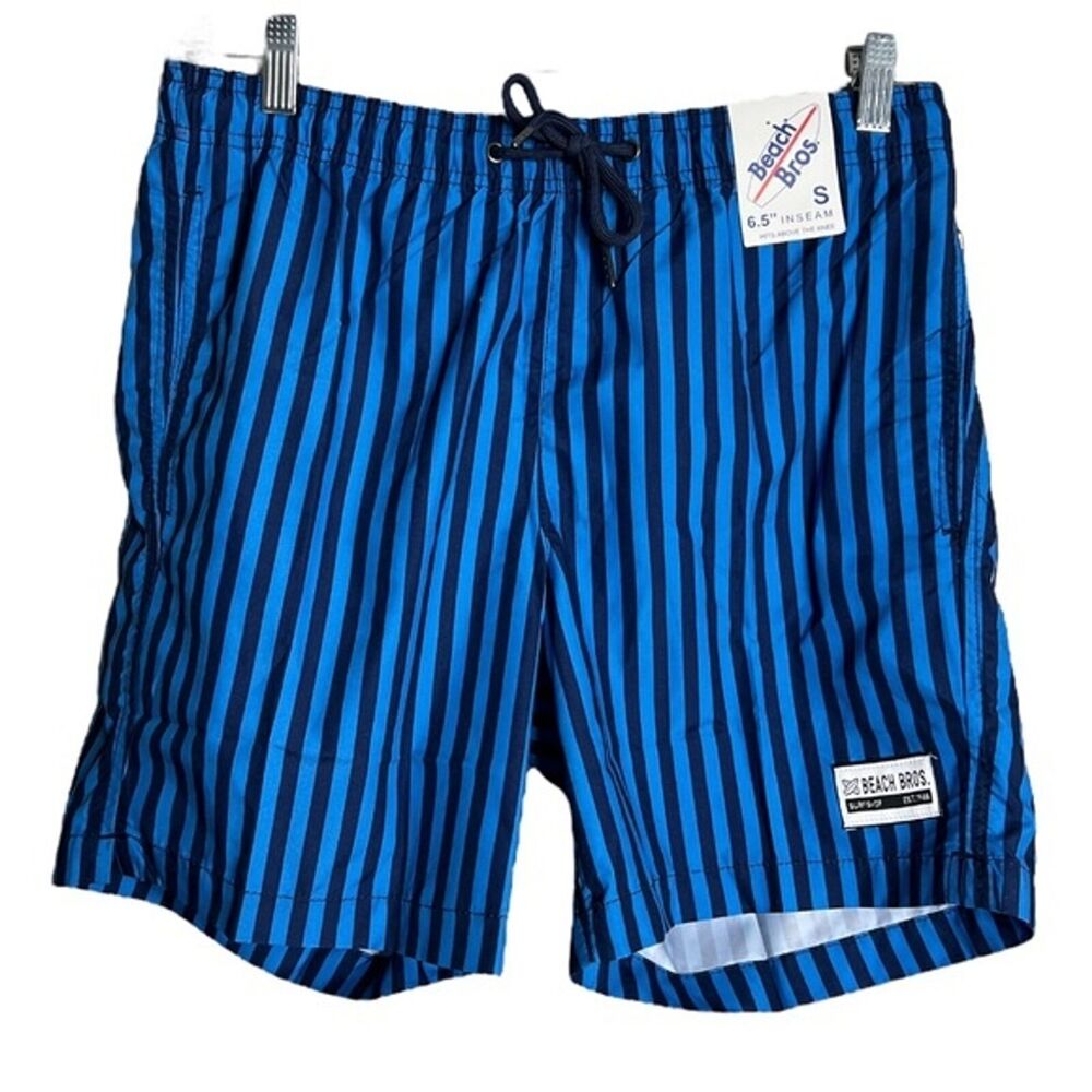 Beach Bros Swim Trunks Mens Small Blue‎ Navy Vertical Stripes Stretch Waist Mesh